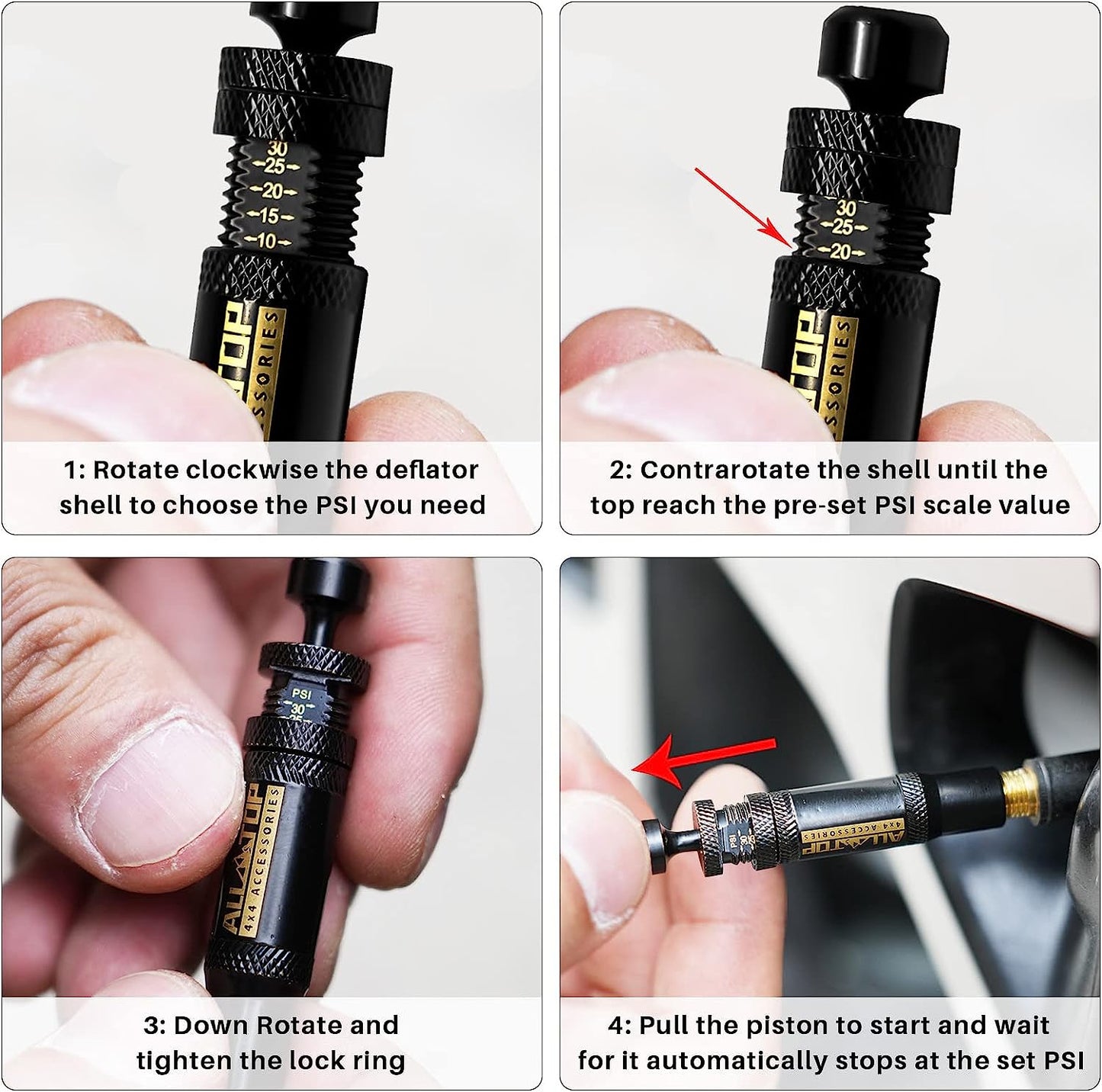 TYRE DEFLATORS - ADJUSTABLE AUTO-STOP 10-30 PSI, 4PCS