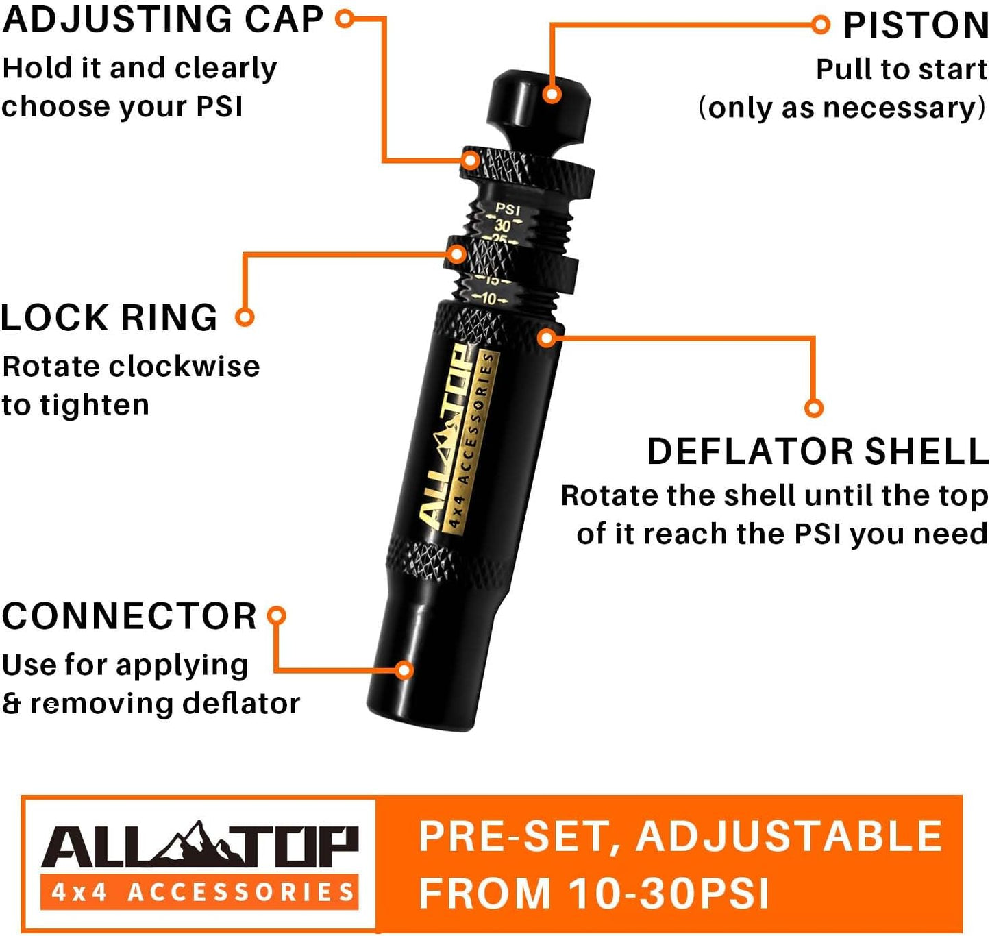 TYRE DEFLATORS - ADJUSTABLE AUTO-STOP 10-30 PSI, 4PCS